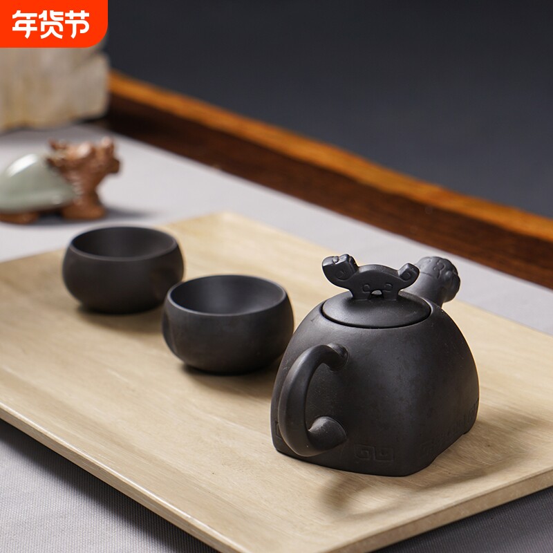 功夫茶具紫砂黑泥虎啸壶如意茶杯套装茶道小杯子泡茶家用建盏盖碗