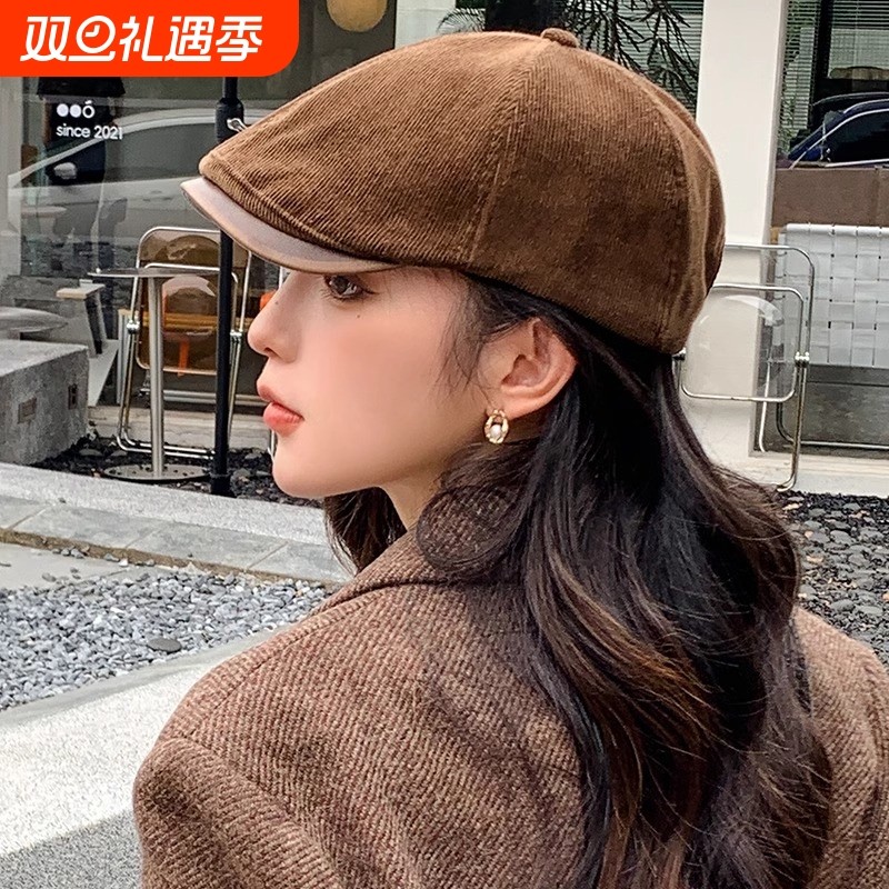 英伦风复古灯芯绒前进帽子女年春新款显脸小贝雷帽潮红色麂皮咖色