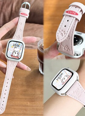 皮表带翻毛皮小狗印花适用iQOOwatchgt2表带绒面vivogt2秋冬棕色s11,10腕带小米手环8pro华为fit4白色粉色
