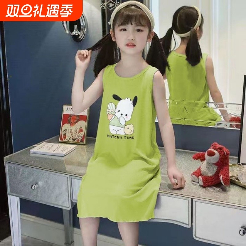 新款冰丝莫代尔睡裙女童夏季背心裙卡通帕恰狗睡衣母女亲子家居服