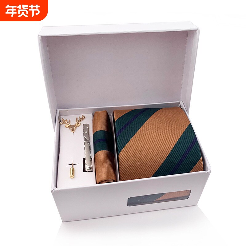 厂家现货2025新款男士条纹领带礼盒6件套领带口袋巾领夹袖口批发