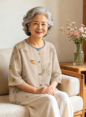 奶奶装夏季短袖印花圆领两件套
