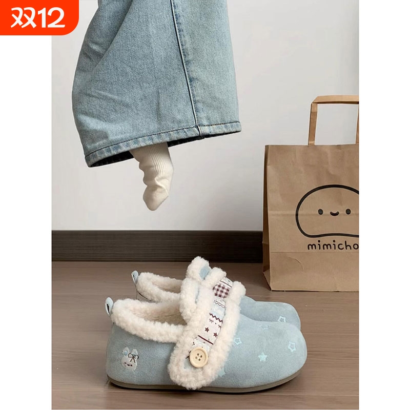 加绒保暖勃肯鞋女2025冬季新款复古魔术贴防滑毛毛鞋厚底雪地棉靴