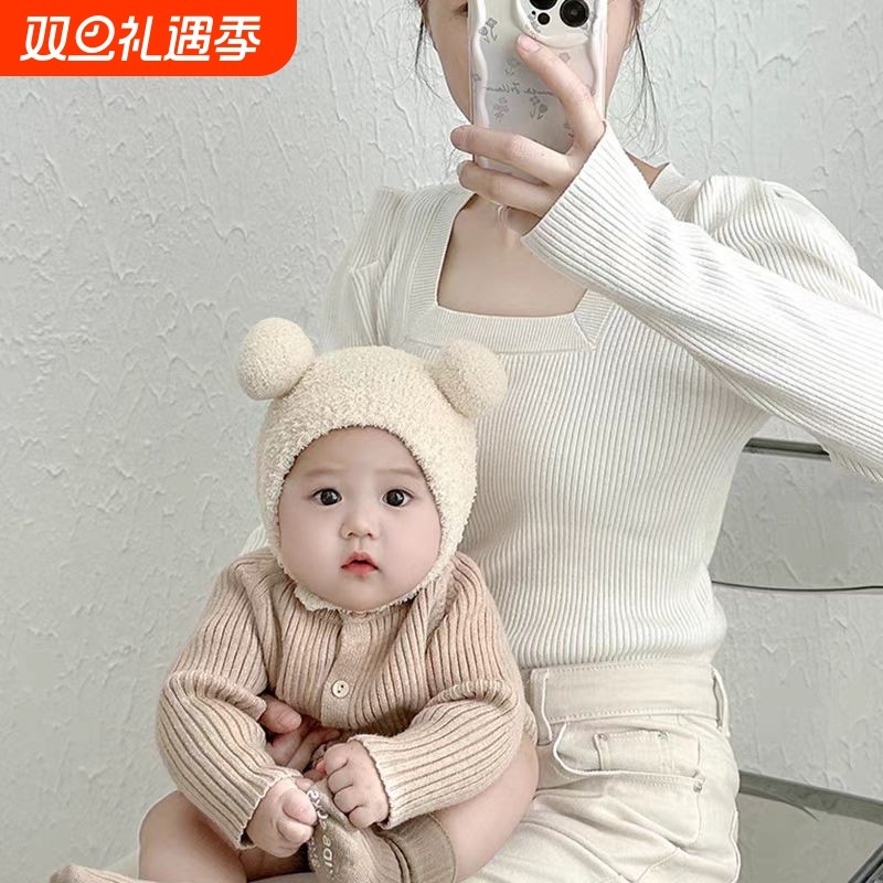 婴儿帽子秋冬季婴幼儿童护耳帽男女宝宝毛线针织帽珊瑚绒可爱针织