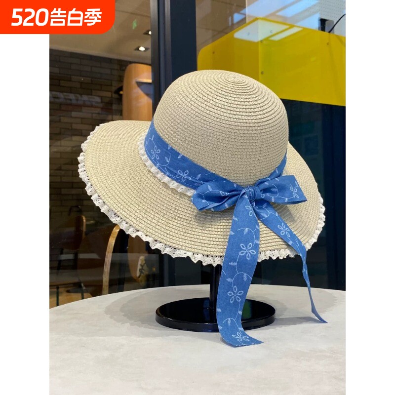 草帽法式花朵蝴蝶结平顶礼帽女夏海边度假沙滩遮阳防晒帽