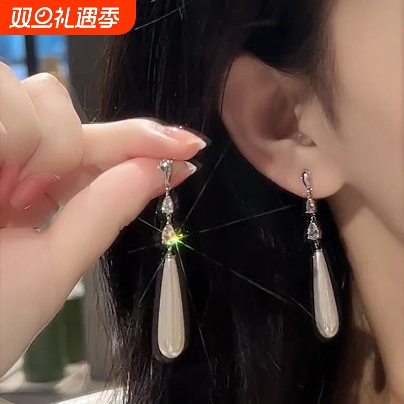 珍珠水滴耳环长款耳坠耳夹无耳洞高级感旗袍配饰新中式国风耳饰女