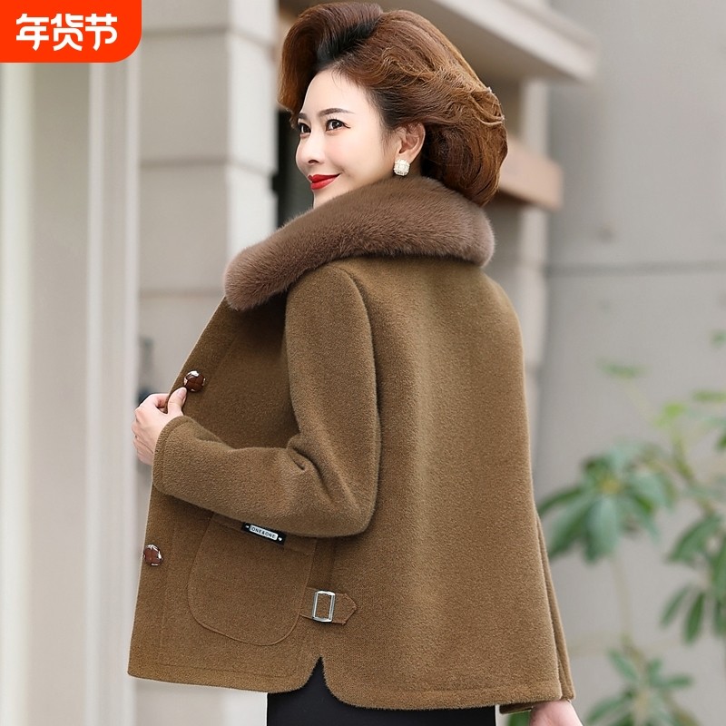 妈妈冬装水貂绒毛呢外套中老年女装秋冬洋气短款皮草上衣红色时髦