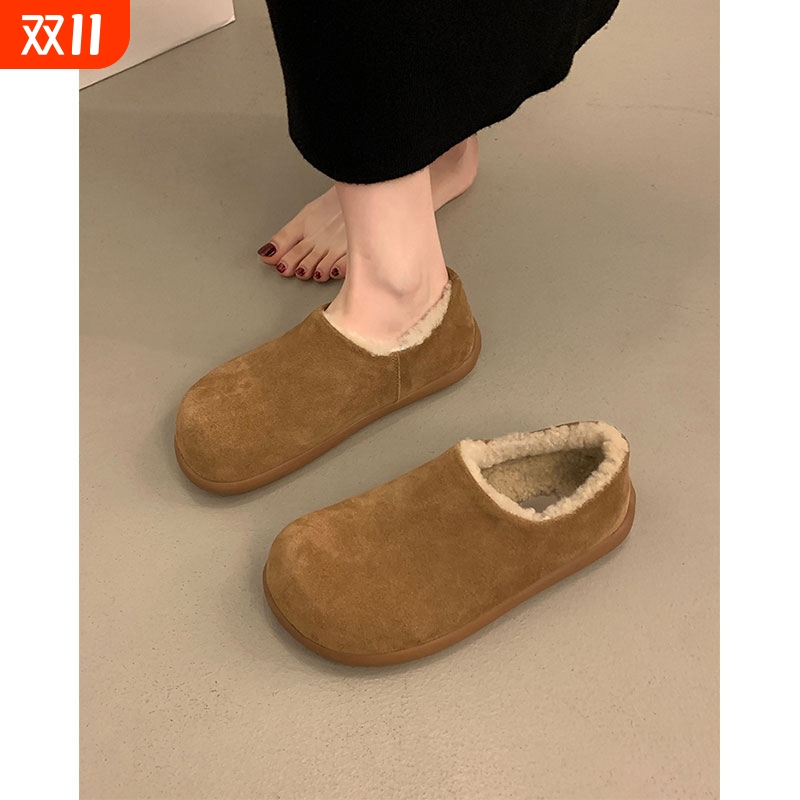 厚底加绒保暖勃肯鞋女2025秋冬新款复古一脚蹬懒人毛毛鞋单鞋棉鞋