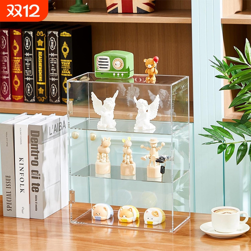 透明亚克力带锁展示柜桌面杂物三层收纳盲盒手办防尘收纳柜子