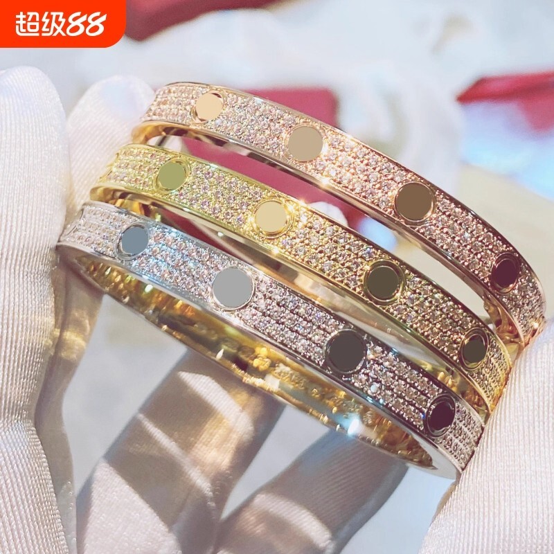 经典款手镯18K玫瑰金镶钻情侣款轻奢手环不掉色白金黄金窄版宽版