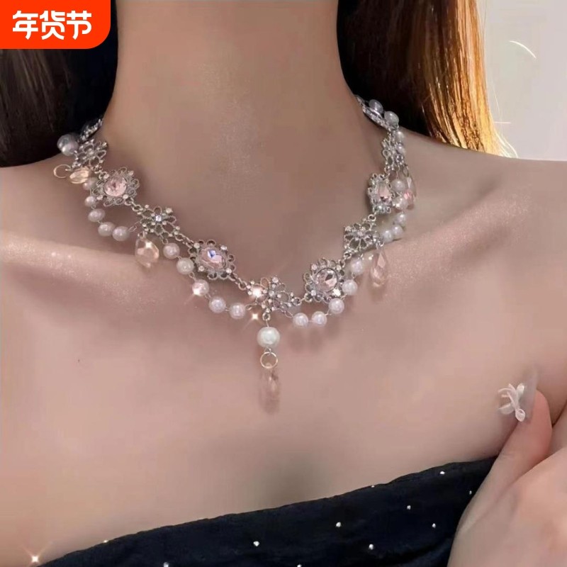 法式超仙水晶珍珠流苏项链 奢华复古月光石项圈 汉服配饰锁骨链