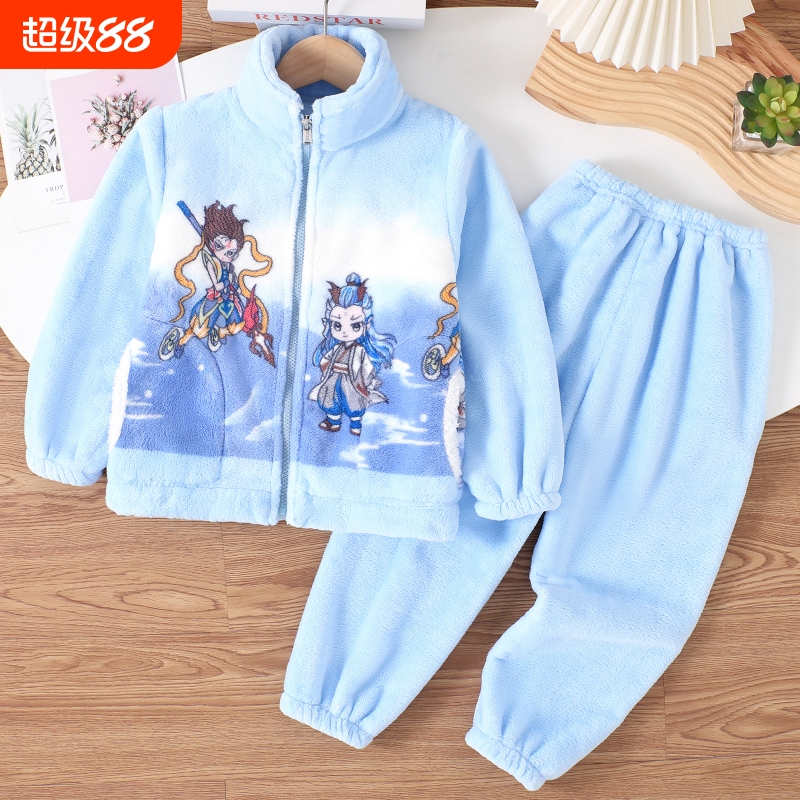 新款儿童法兰绒睡衣家居服套装男童女童秋冬款加厚保暖睡衣天鹅绒