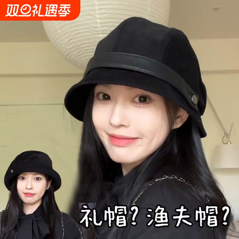 百搭帽子女2025新款秋冬灯芯绒渔夫帽黑色盆帽大头围显脸小贝雷帽