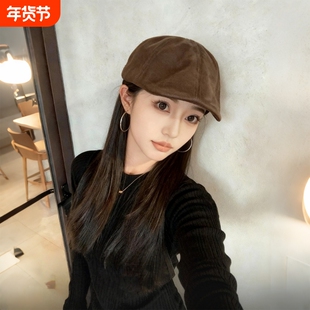 2025新款咖色麂皮绒前进帽女款冬显脸小大头围复古报童帽鸭舌帽子
