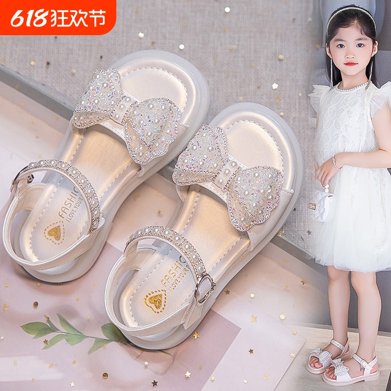 女童凉鞋公主夏季2025新款儿童鞋子软底夏款女孩蝴蝶结女宝水晶鞋