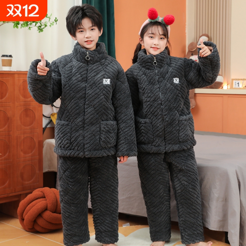 儿童保暖冬季法兰绒三层夹棉加厚男女童珊瑚绒中大童家居服套装