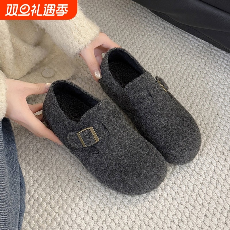 厚底高级灰勃肯鞋女鞋子2025新款冬季内增高百搭毛毛棉鞋博肯单鞋