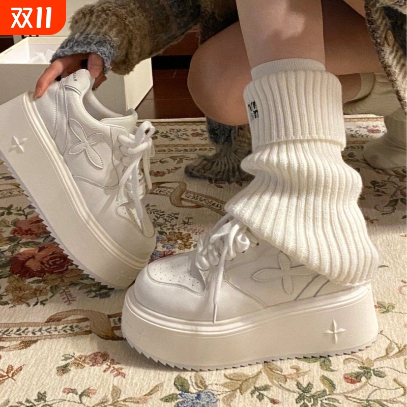 厚底小白鞋女2025春季新款百搭十字花休闲松糕鞋运动板鞋白色男子