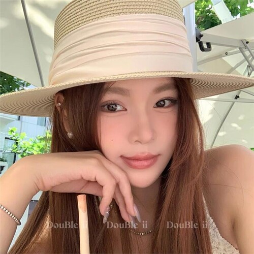 double in in 法式优雅编织草帽女夏季遮阳防晒海边度假平顶礼帽