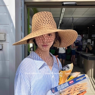 KWAN韓版 ins海邊度假沙灘遮陽編織禮帽 鏤空透氣大檐草帽子女夏季