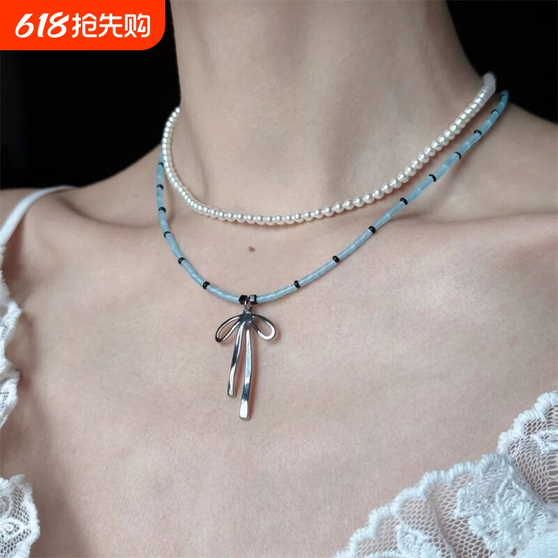 芭蕾少女~蓝色系串珠蝴蝶结项链纯欲风小众锁骨链显白高颜值颈链