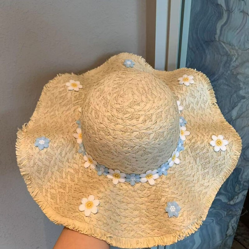 夏季大帽檐遮阳度假风拍照花朵海边草帽女户外沙滩防晒帽蝴蝶结