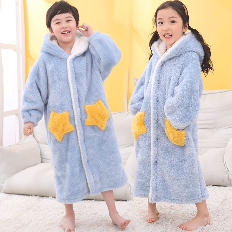 秋冬儿童睡袍加绒加厚宝游泳保暖浴袍亲子装带帽双层加厚睡袍超厚
