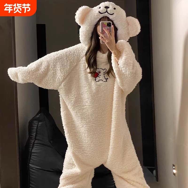 珊瑚绒连体睡衣女秋冬加绒加厚男女搞怪卡通可爱连帽亲子装家居服