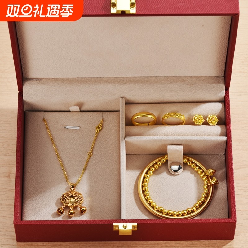 假三金五金首饰一套古法素圈新款福字仿真项坠订婚结婚礼八宝罗盘