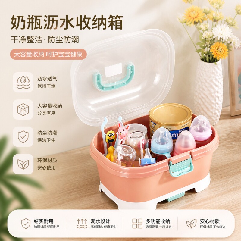 放宝宝奶瓶收纳箱儿童餐具碗筷储存收纳盒带盖沥水架防尘婴儿用品