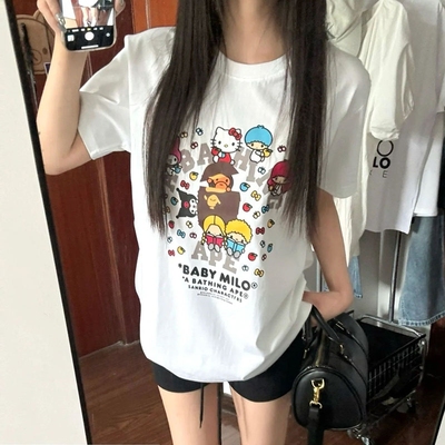 潮牌APE短袖t恤联名三丽鸥卡通可爱中大童装亲子装SHARK BAPE猿人