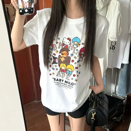 潮牌APE短袖t恤联名三丽鸥卡通可爱中大童装亲子装SHARK BAPE猿人