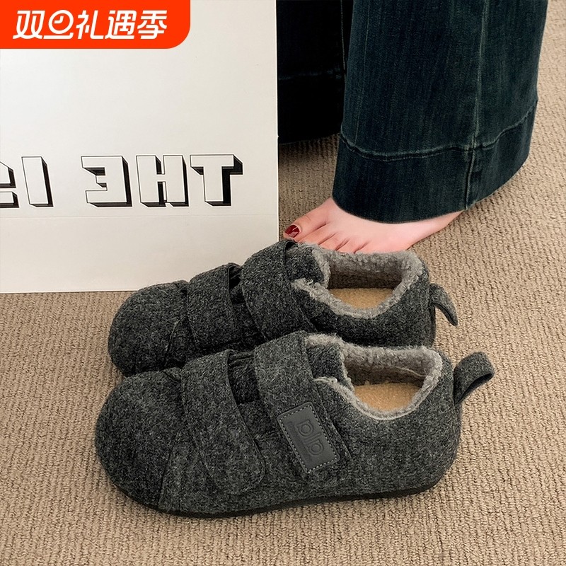 厚底加绒灰色勃肯鞋女毛毛雪地靴2025新款冬季加厚保暖豆豆棉鞋子