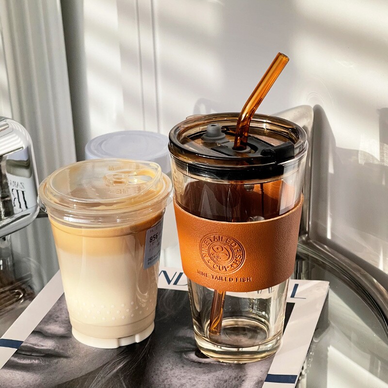 【版权】玻璃杯吸管杯皮套夏季高级颜值咖啡杯子便携牛奶水杯批发