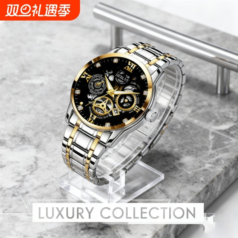 正品瑞士2024新款手表男士全自动机械风防水精钢带双日历男表夜光