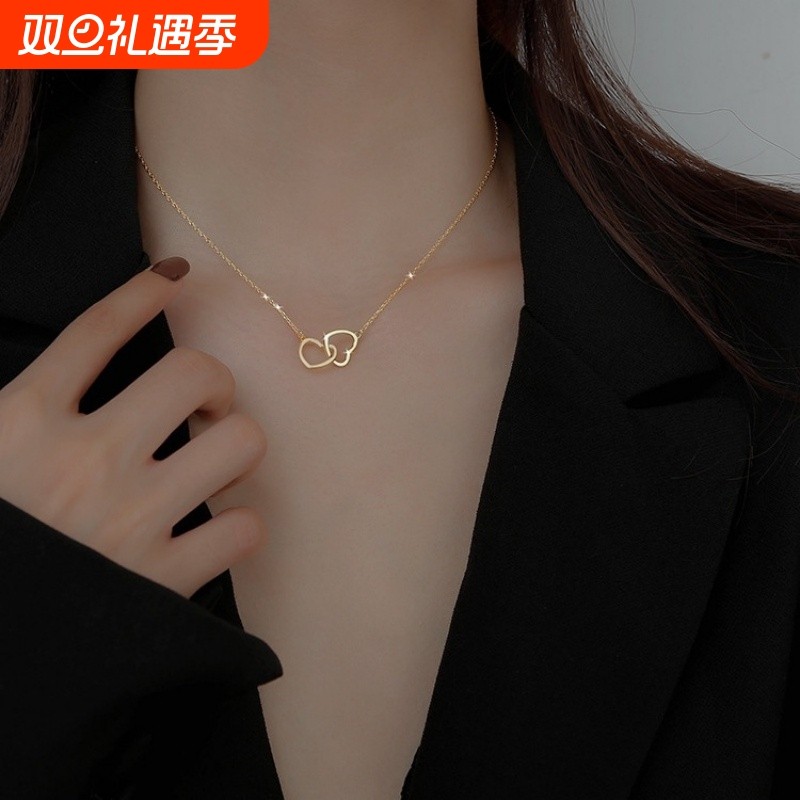 钛钢罗马双环玫瑰金心形项链女ins锁骨链轻奢小众简约百搭颈链