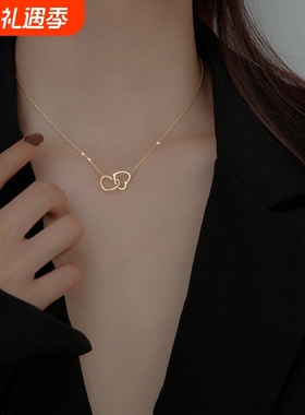 钛钢罗马双环玫瑰金心形项链女ins锁骨链轻奢小众简约百搭颈链
