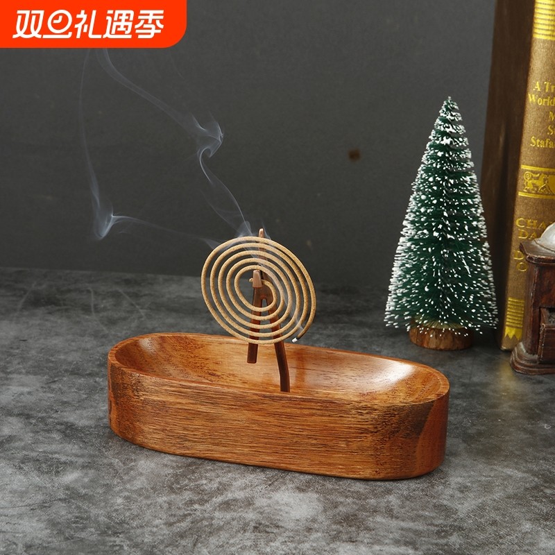 多功能日式实木船型香炉家用室内蚊香盘蚊香架盘香架香薰炉接灰盘