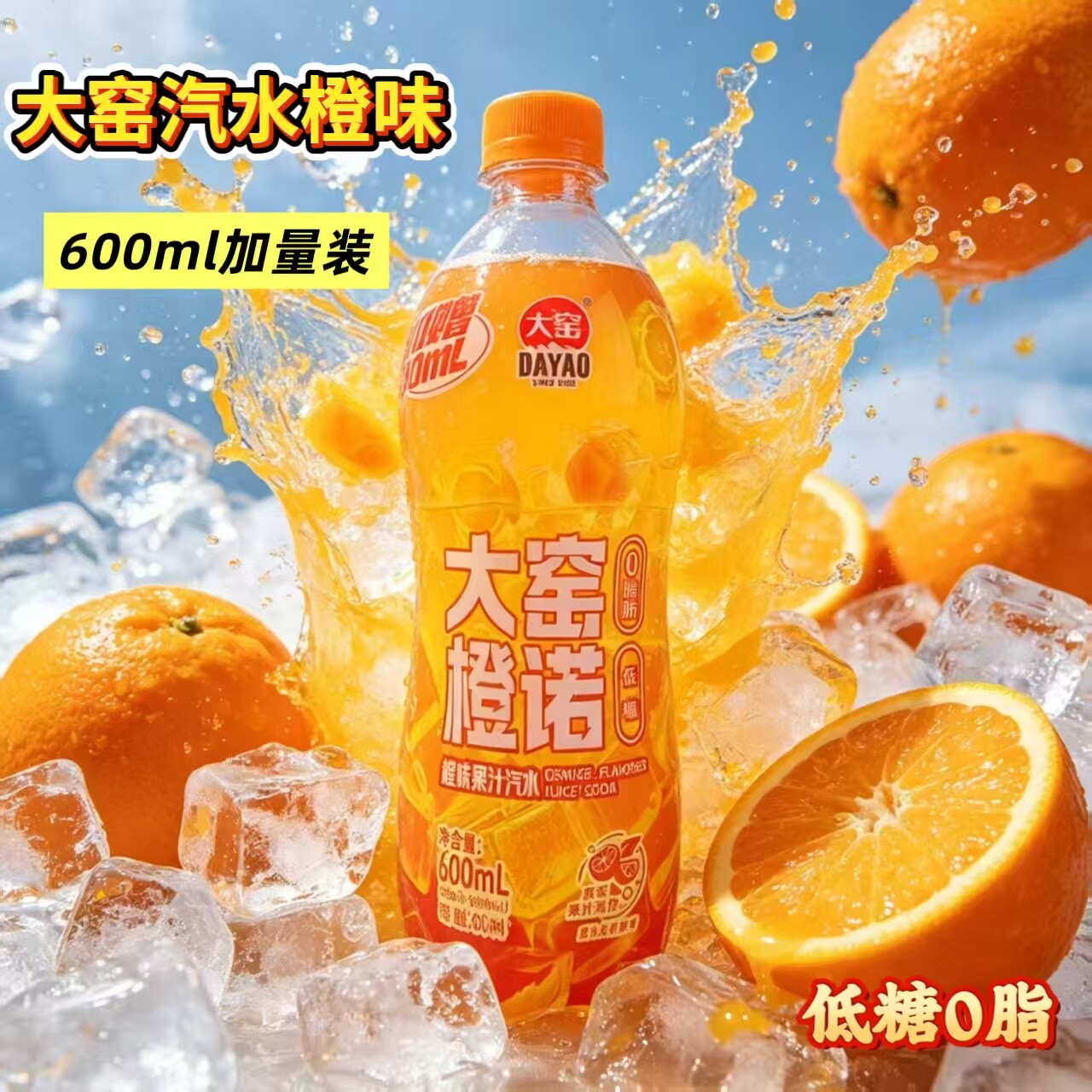大窑嘉宾果汁汽水加量装大瓶橙诺低糖0脂汽泡水碳酸饮料600ml*2瓶