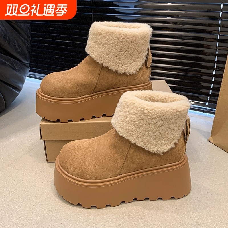 厚底增高雪地靴女款2025秋冬季加绒保暖毛毛短靴丑萌大头棉鞋高跟