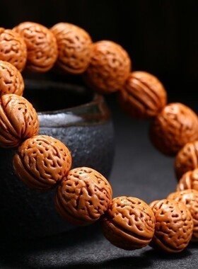 核桃手串脑纹麒麟纹手把件盘玩桃核佛珠念珠正圆手链男女野生龙纹