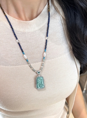 新款蓝翡翠无事牌仿珍珠白水晶项链女款轻奢高级感精致百搭锁骨链