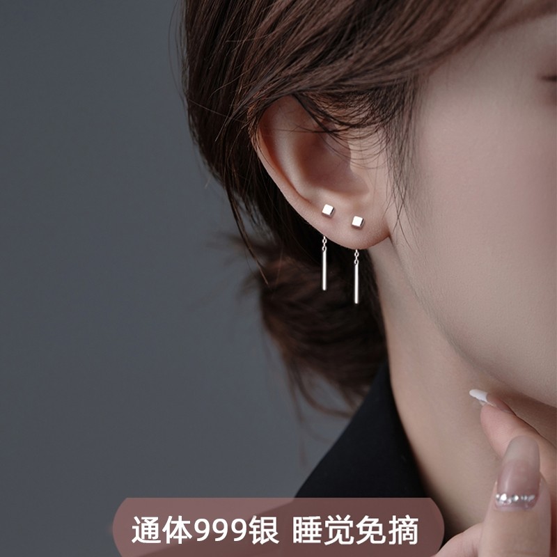 999纯银小方块耳钉女养耳洞耳线流苏耳环睡觉免摘耳饰2025新款