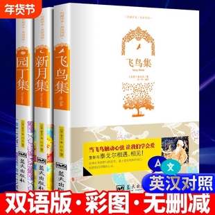 全3册双语版新月集飞鸟集园丁集泰戈尔吉檀迦利中英对照带插图原版全集诗选诗集五年级课外书阅读完整版英文版经典名著文学