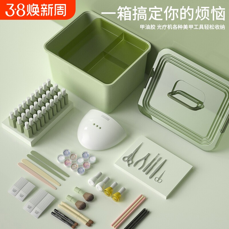 美甲工具箱桌面化妆品防尘口红指甲油美术生收纳盒长方形带盖