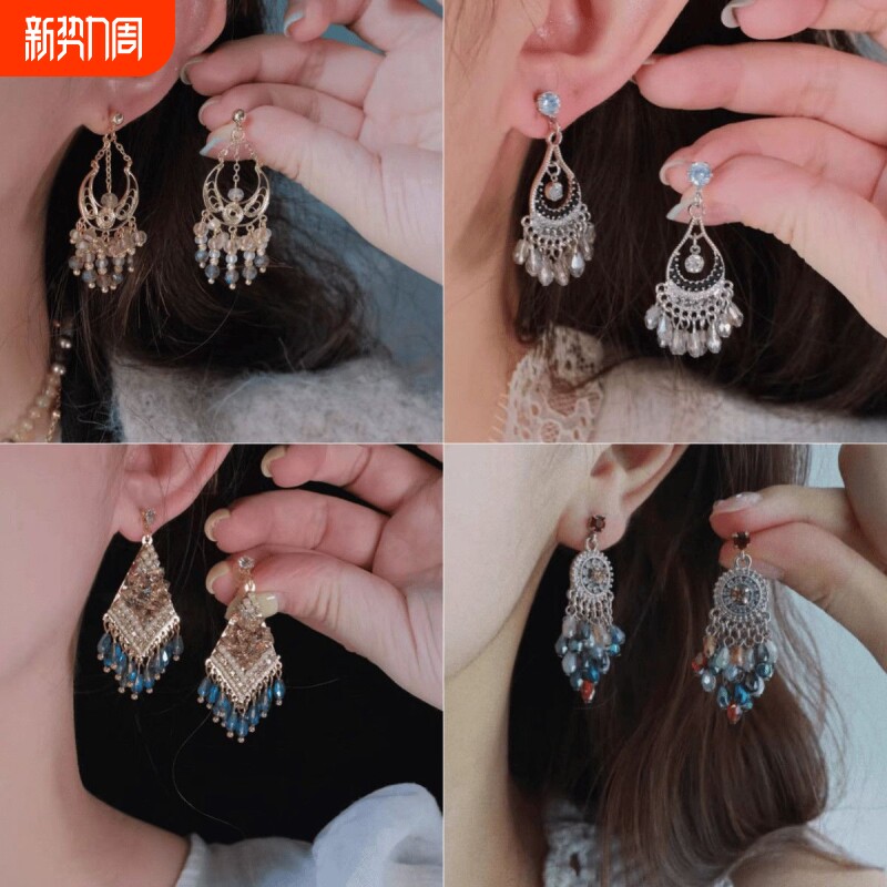 《游牧之歌》波西米亚民族风度假雕花流苏琉璃串珠耳环耳夹女