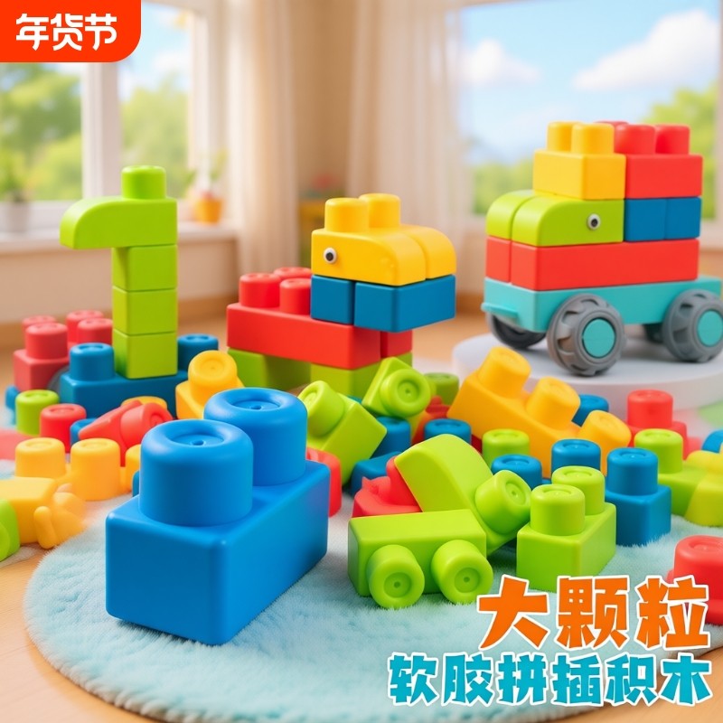 儿童软胶大颗粒积木玩具可啃咬婴儿宝宝1岁益智力动脑diy拼装大块