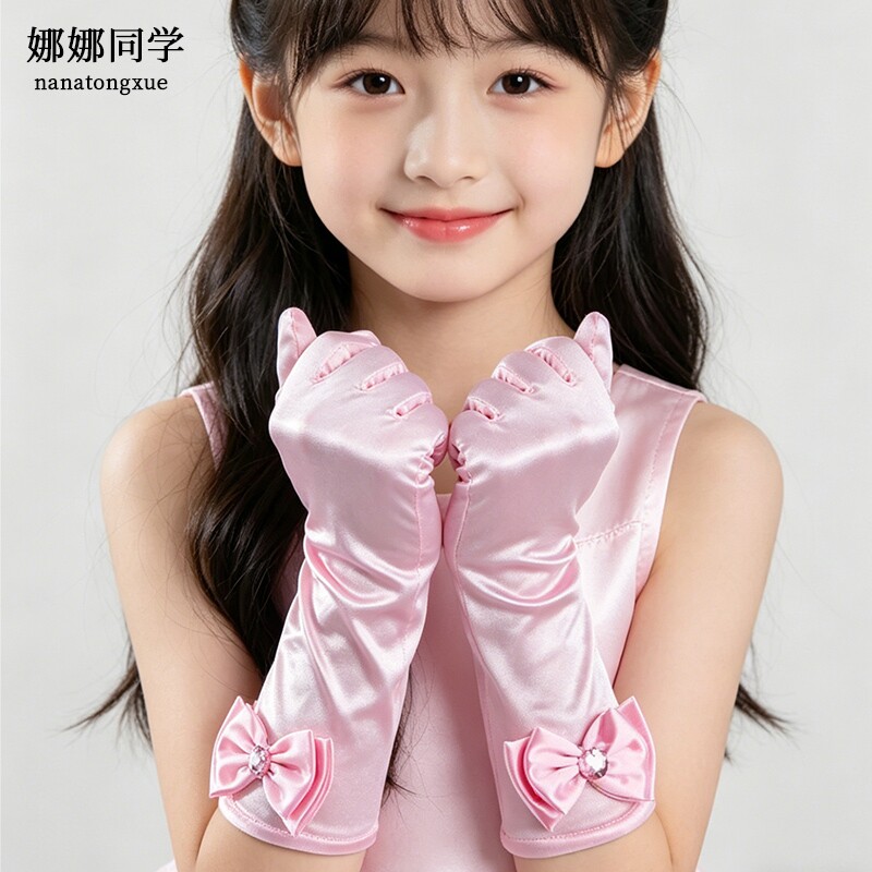儿童演出花童缎面手套全指蝴蝶结手套女童春秋薄款晚礼服长款手套