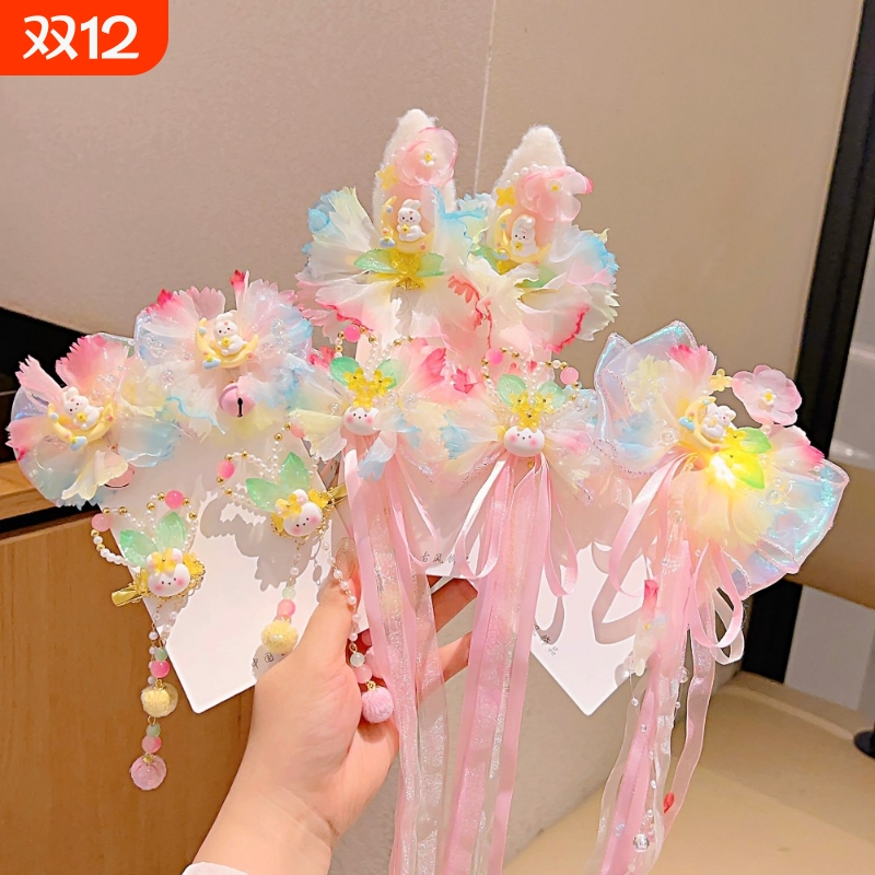 中国风儿童发饰古风汉服头饰秋节兔子亮灯发夹舞台表演配饰飘带