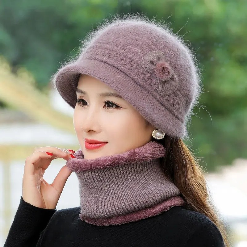 中老年妈妈帽子兔毛加厚保暖防寒奶奶帽女士秋冬季毛线帽针织盆帽